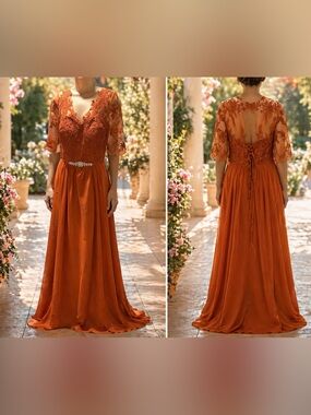 Lace-Embellished Maxi Dress in Burnt Orange